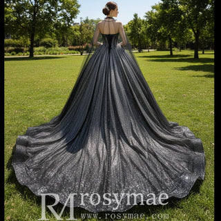Ball Gown Strapless Black Wedding Dresses with Cape - Rosymae