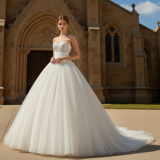 Strapless Tulle Ball Gown Wedding Dress with Pearls