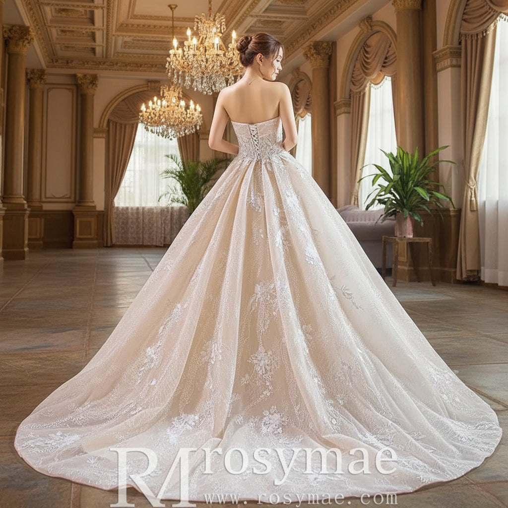 Strapless Tulle Lace Ball Gown Wedding Dress with Straight Neckline Champagne / 12 Strapless Tulle Lace Ball Gown Wedding Dress with Straight Neckline Champagne / 12