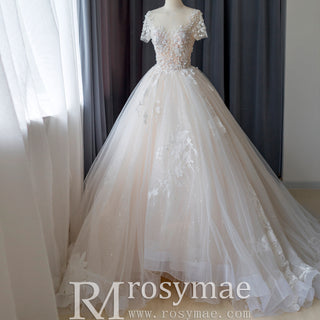 Princess Tulle Lace Wedding Dress with Short SleeveBall-Gown Princess Tulle Lace Wedding Dress with Short Sleeve