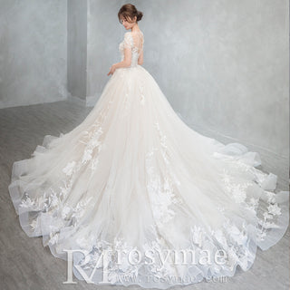 Ball-Gown Princess Tulle Lace Wedding Dress with Short Sleeve