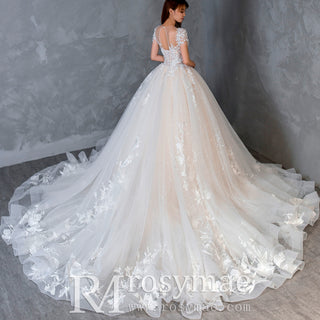 Ball-Gown Princess Tulle Lace Wedding Dress with Short Sleeve