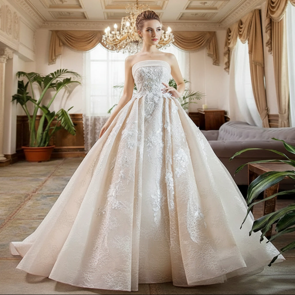 Strapless Tulle Lace Ball Gown Wedding Dress with Straight Neckline Champagne / 12 Strapless Tulle Lace Ball Gown Wedding Dress with Straight Neckline Champagne / 12