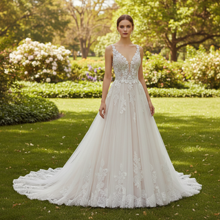 Elegant Deep V-neck A-line Wedding Dress with Tank Top Blush and White / 28W Elegant Deep V-neck A-line Wedding Dress with Tank Top Blush and White / 28W