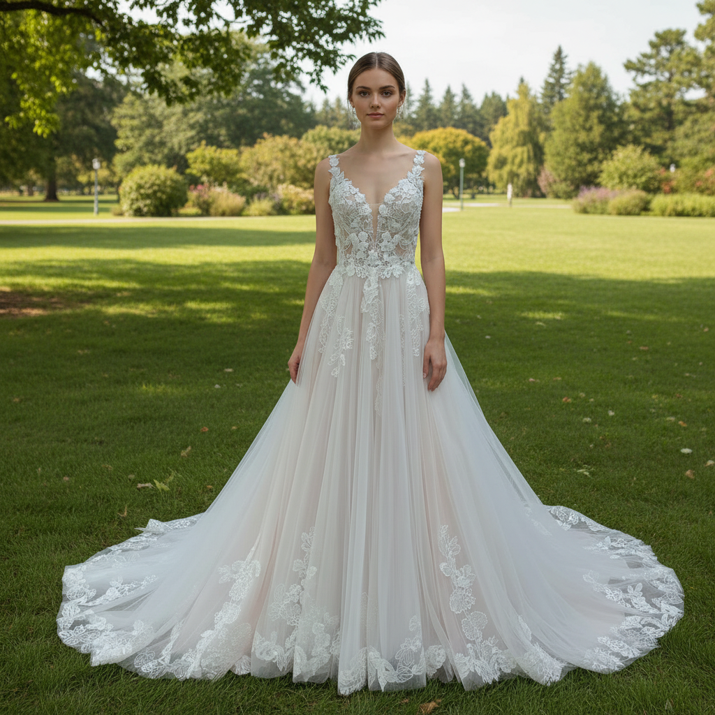 Elegant Deep V-neck A-line Wedding Dress with Tank Top Blush and White / 28W Elegant Deep V-neck A-line Wedding Dress with Tank Top Blush and White / 28W