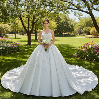 Gorgeous Puffy Skirt Ball Gown Satin Wedding Dress Royal Train