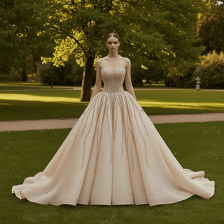 Ball Gown Wedding Dress with Gradient Beaded Bodice & Radiating Sequin Train - Ball Gown - Rosymae