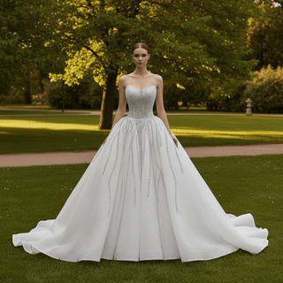 Ball Gown Wedding Dress with Gradient Beaded Bodice & Radiating Sequin Train - Ball Gown - Rosymae