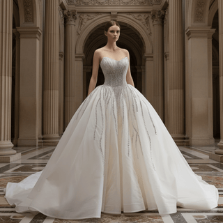 Ball Gown Wedding Dress with Gradient Beaded Bodice & Radiating Sequin Train - Ball Gown - Rosymae
