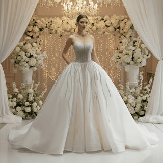 Ball Gown Wedding Dress with Gradient Beaded Bodice & Radiating Sequin Train - Ball Gown - Rosymae