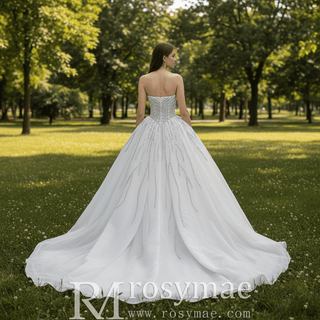 Ball Gown Wedding Dress with Gradient Beaded Bodice & Radiating Sequin Train - Ball Gown - Rosymae