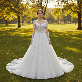 Sparkly Long Sleeve Lace A-Line Wedding Dress Glitter Bridal Gown