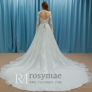 Sparkly Long Sleeve Lace A-Line Wedding Dress Glitter Bridal Gown