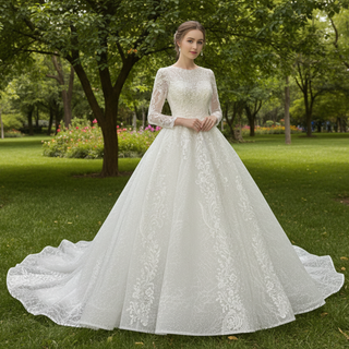 Sparkly Lace Long Sleeves Illusion Boat Neck Ball Gown Wedding Dress