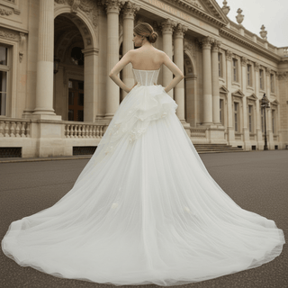 Ballgown Appliqued Strapless Tulle Wedding Dress With Flower - Rosymae