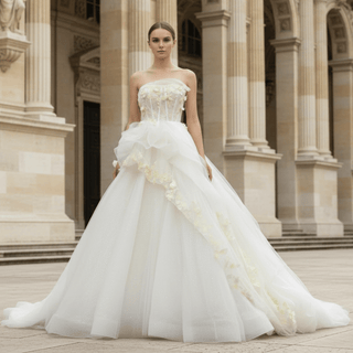 Ballgown Appliqued Strapless Tulle Wedding Dress With Flower - Rosymae