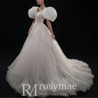 Puffy Short Sleeve Ball Gown Tulle Wedding Dress with Low Back