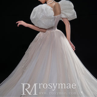 Puffy Short Sleeve Ball Gown Tulle Wedding Dress with Low Back
