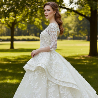 Basque Waist Lace Half Sleeve Wedding Dress with Vneck & Ruffle Skirt - Rosymae