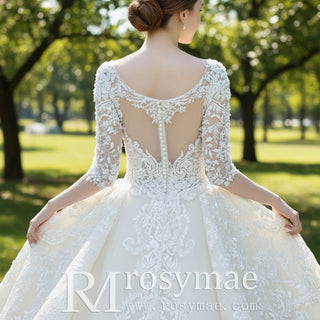 Basque Waist Lace Half Sleeve Wedding Dress with Vneck & Ruffle Skirt - Rosymae