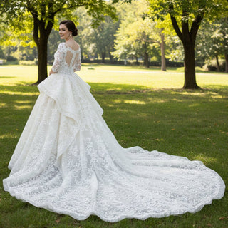 Basque Waist Lace Half Sleeve Wedding Dress with Vneck & Ruffle Skirt - Rosymae