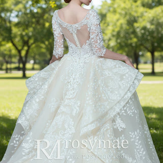 Basque Waist Lace Half Sleeve Wedding Dress with Vneck & Ruffle Skirt - Rosymae