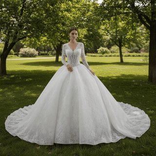 Basque Waist Lace Wedding Dress with Illusion Bodice & Voluminous Tulle Skirt - Rosymae