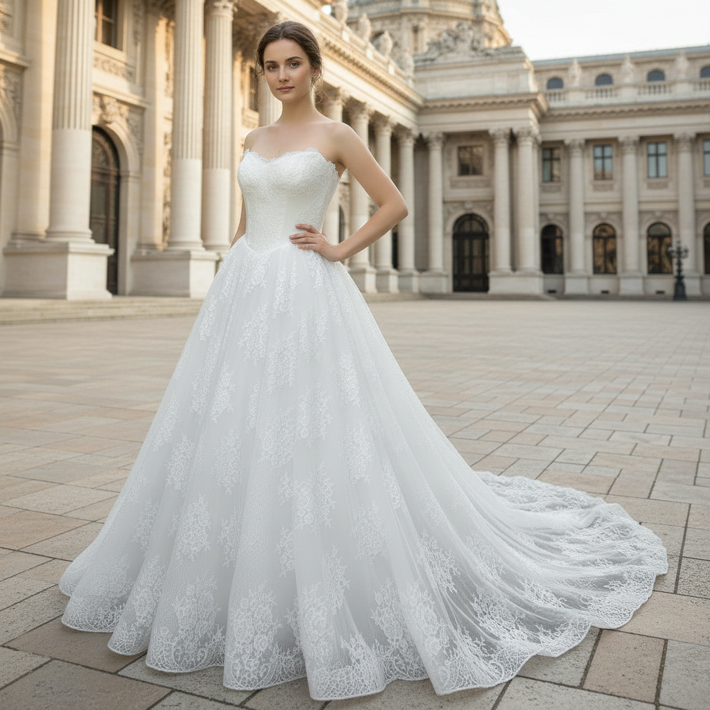 Elegant Bateau Neckline Strapless Floral Lace Wedding Dress White / 26W Elegant Bateau Neckline Strapless Floral Lace Wedding Dress White / 26W