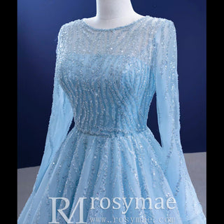 Beaded Baby Blue A-line Prom Dress Formal Gown with Long Sleeves - Rosymae