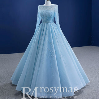 Beaded Baby Blue A-line Prom Dress Formal Gown with Long Sleeves - Rosymae