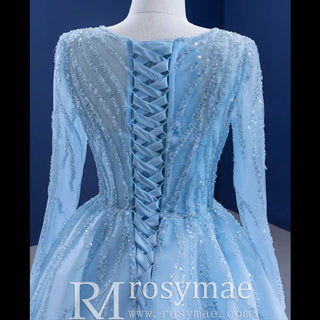 Beaded Baby Blue A-line Prom Dress Formal Gown with Long Sleeves - Rosymae