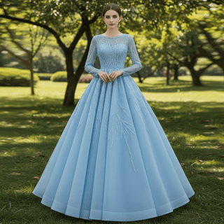 Beaded Baby Blue A-line Prom Dress Formal Gown with Long Sleeves - Rosymae