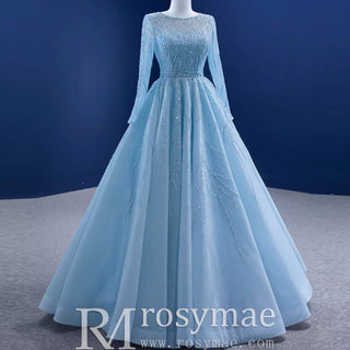 Beaded Baby Blue A-line Prom Dress Formal Gown with Long Sleeves - Rosymae
