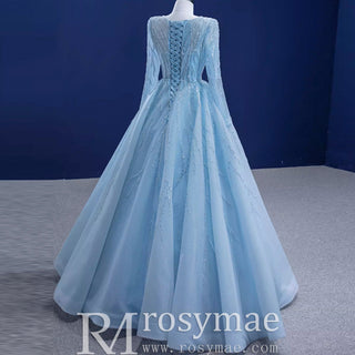 Beaded Baby Blue A-line Prom Dress Formal Gown with Long Sleeves - Rosymae