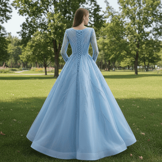 Beaded Baby Blue A-line Prom Dress Formal Gown with Long Sleeves - Rosymae