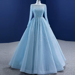Beaded Baby Blue A-line Prom Dress Formal Gown with Long Sleeves - Rosymae