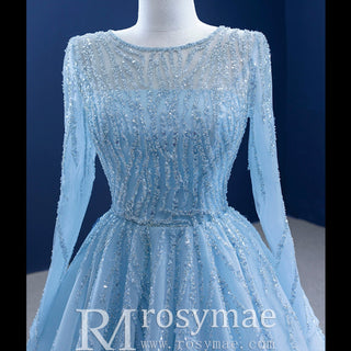 Beaded Baby Blue A-line Prom Dress Formal Gown with Long Sleeves - Rosymae
