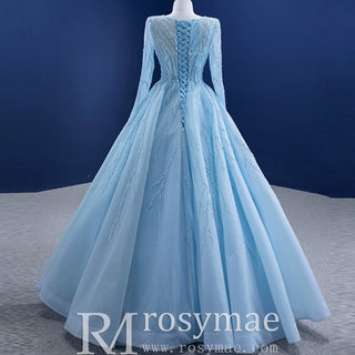 Beaded Baby Blue A-line Prom Dress Formal Gown with Long Sleeves - Rosymae