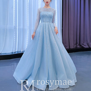Beaded Baby Blue A-line Prom Dress Formal Gown with Long Sleeves - Rosymae
