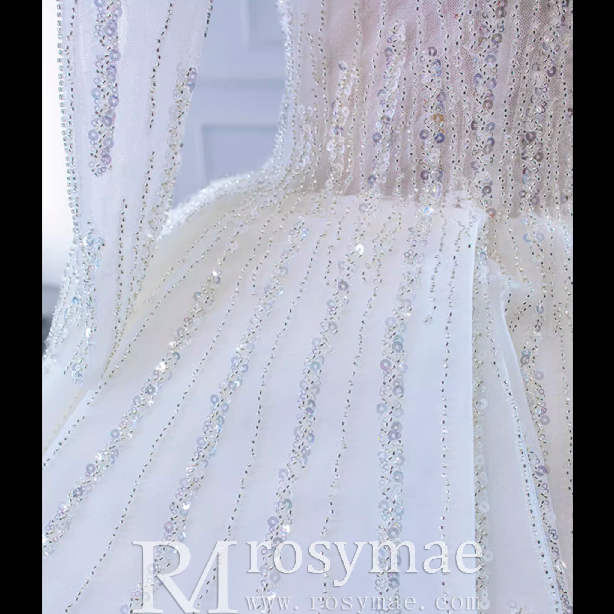 Beaded Ball Gown Long Sleeve Wedding Dress with Off the Shoulder - Rosymae