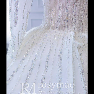 Beaded Ball Gown Long Sleeve Wedding Dress with Off the Shoulder - Rosymae