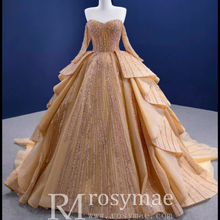 Beaded Ball Gown Long Sleeve Wedding Dress with Off the Shoulder - Rosymae