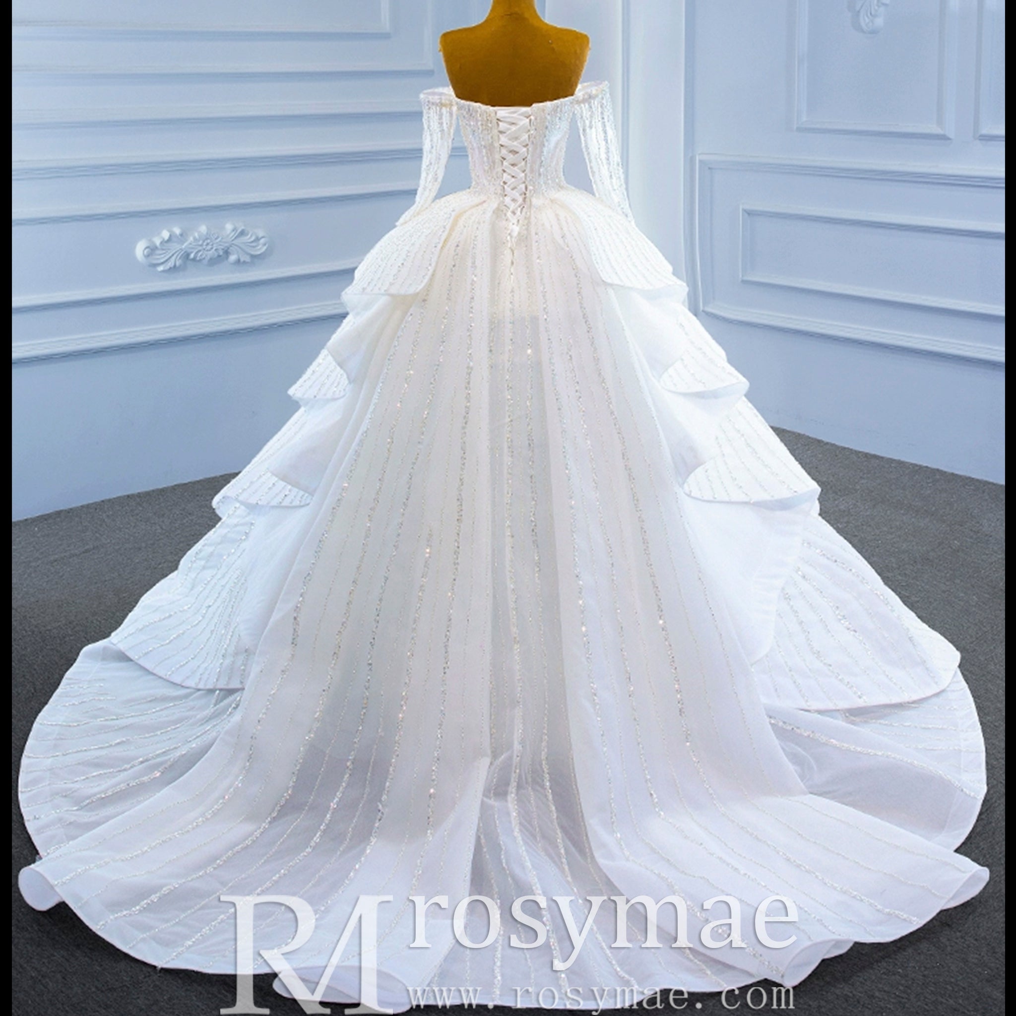 Beaded Ball Gown Long Sleeve Wedding Dress with Off the Shoulder - Rosymae