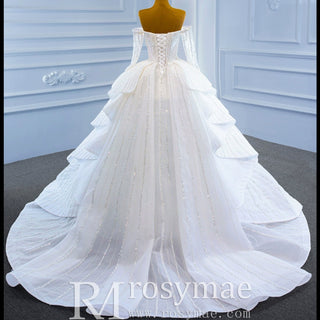 Beaded Ball Gown Long Sleeve Wedding Dress with Off the Shoulder - Rosymae