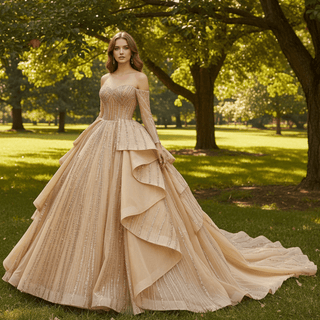 Beaded Ball Gown Long Sleeve Wedding Dress with Off the Shoulder - Rosymae