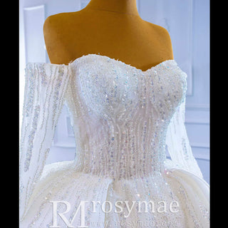 Beaded Ball Gown Long Sleeve Wedding Dress with Off the Shoulder - Rosymae