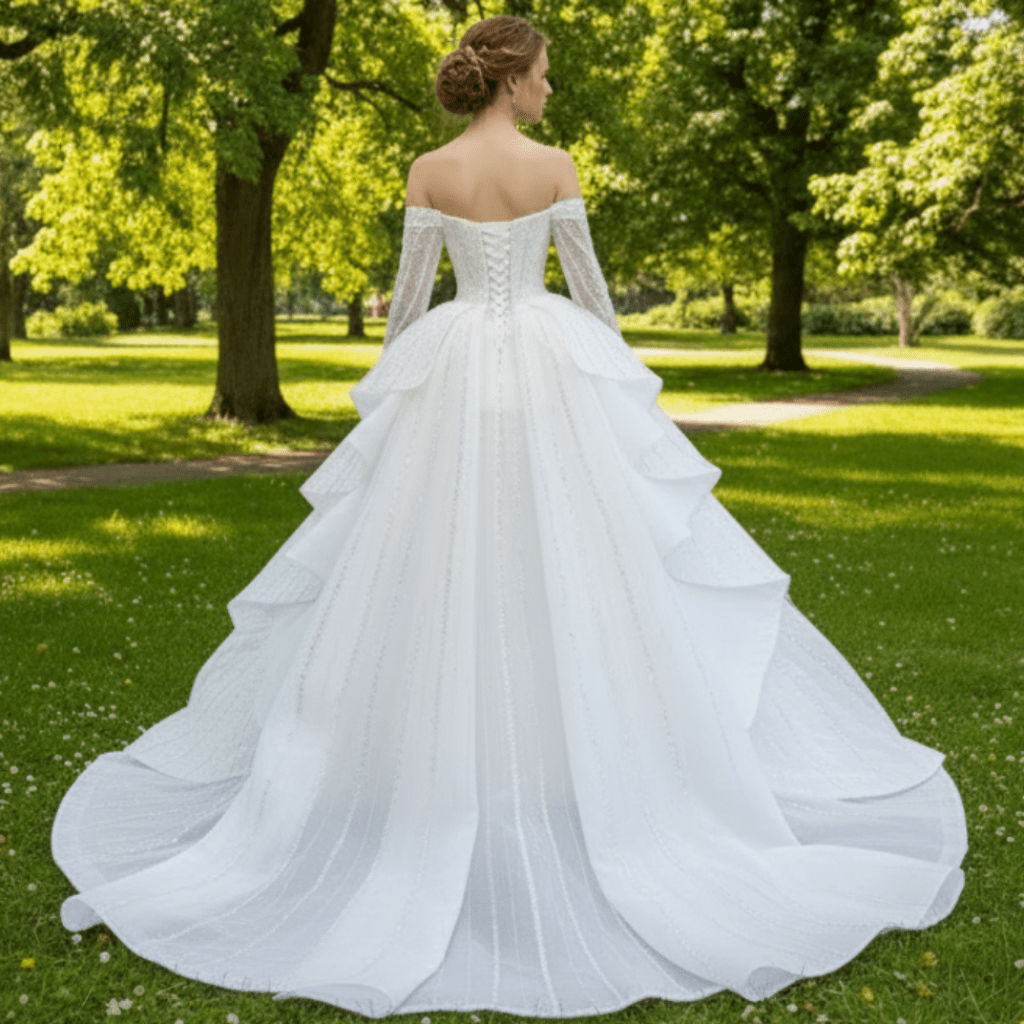 Beaded Ball Gown Long Sleeve Wedding Dress with Off the Shoulder - Rosymae