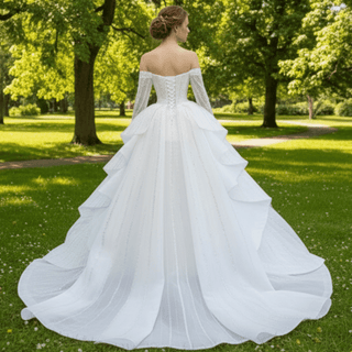 Beaded Ball Gown Long Sleeve Wedding Dress with Off the Shoulder - Rosymae