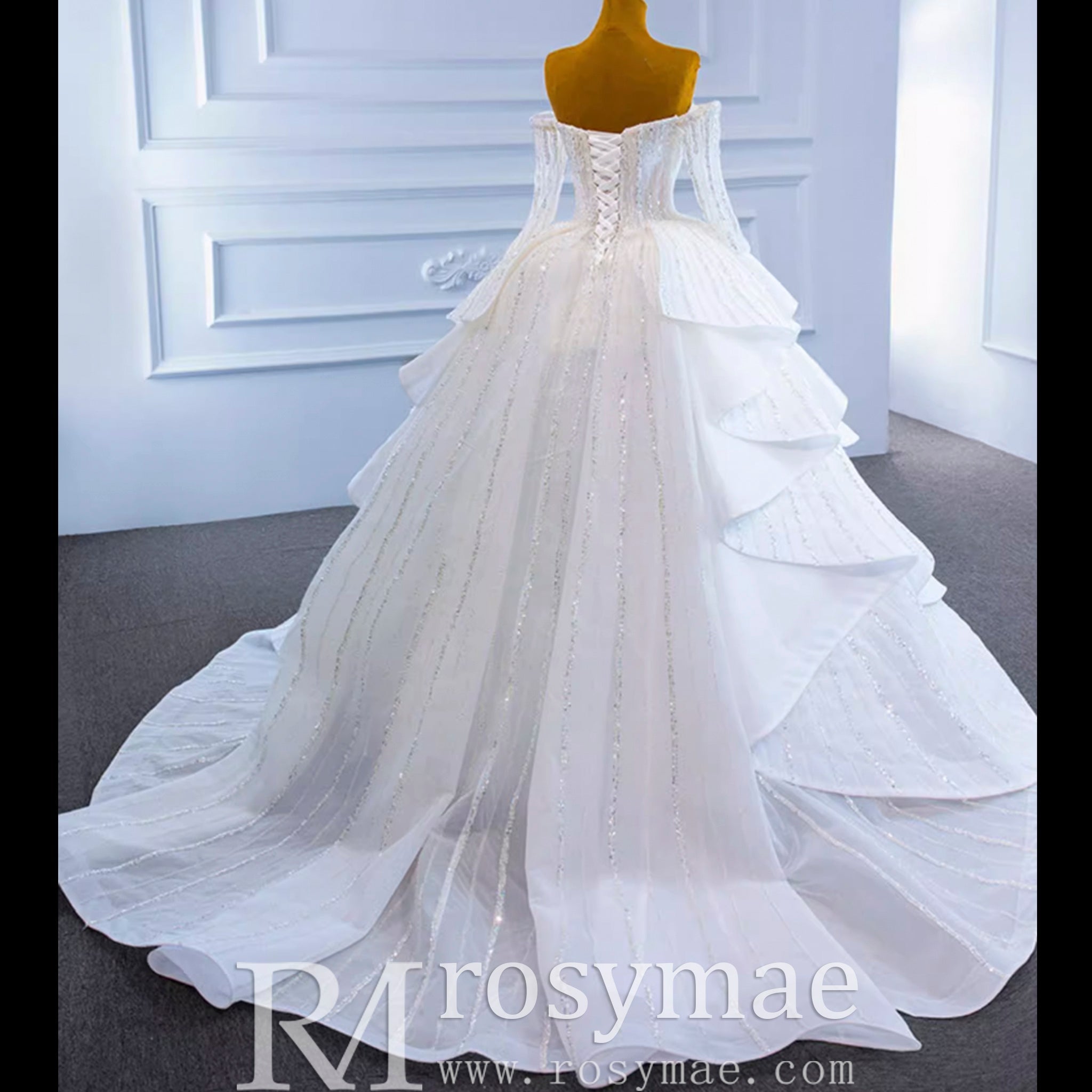 Beaded Ball Gown Long Sleeve Wedding Dress with Off the Shoulder - Rosymae