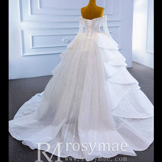 Beaded Ball Gown Long Sleeve Wedding Dress with Off the Shoulder - Rosymae